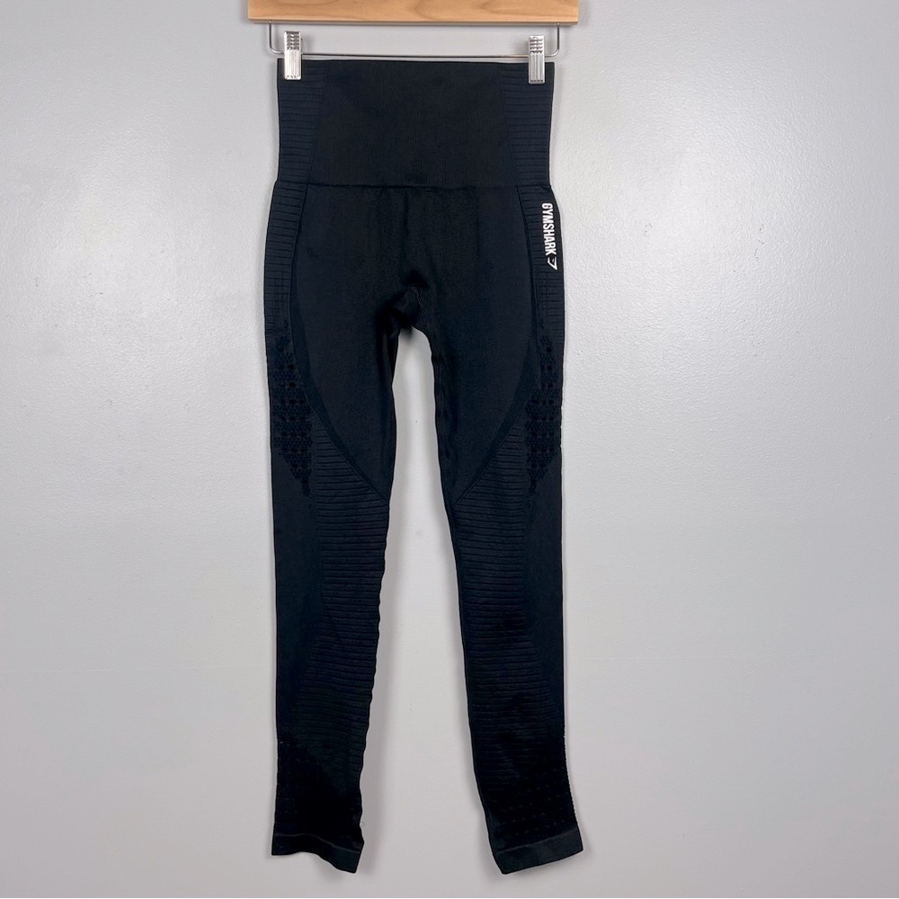 Gymshark black textured crochet-like detail leggings, est size small.